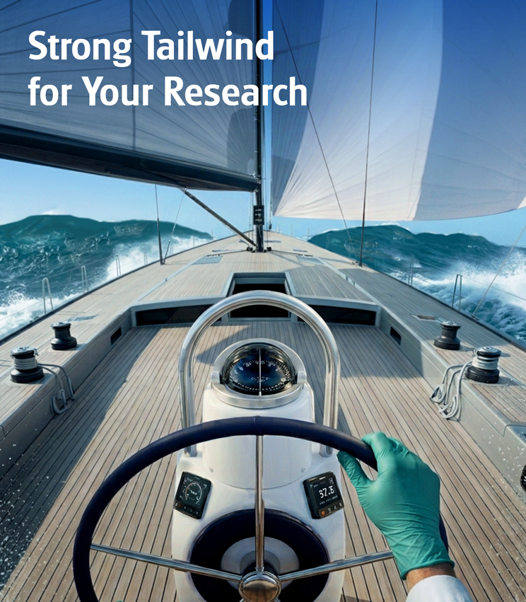 Headline: "Strong Tailwind for Your Research"

Image (ai): Researcher steers a sailing ship in strong winds. 